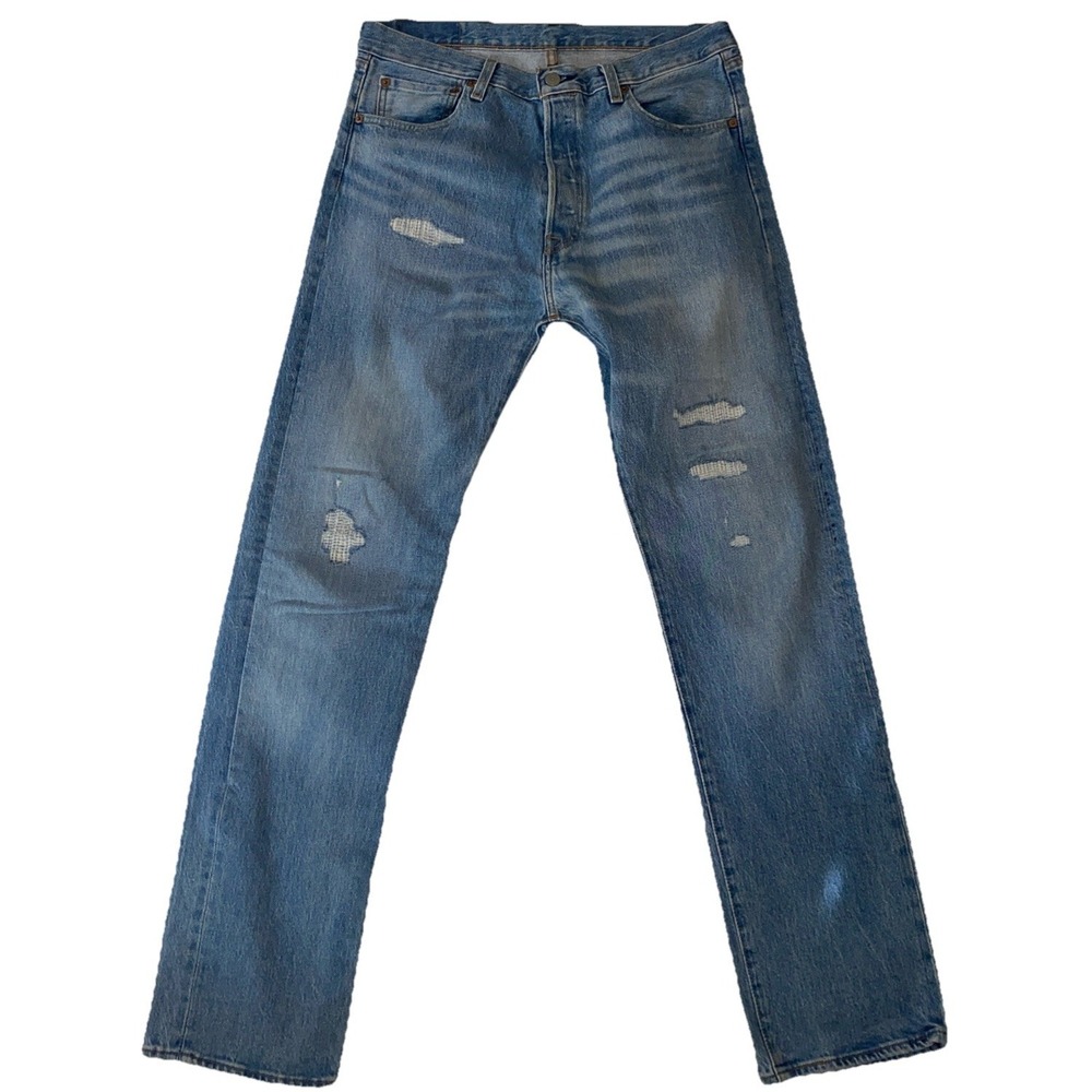 Levis 501 Straight Fit Blue Jeans Distressed Mens 32X32 Button Fly 93
